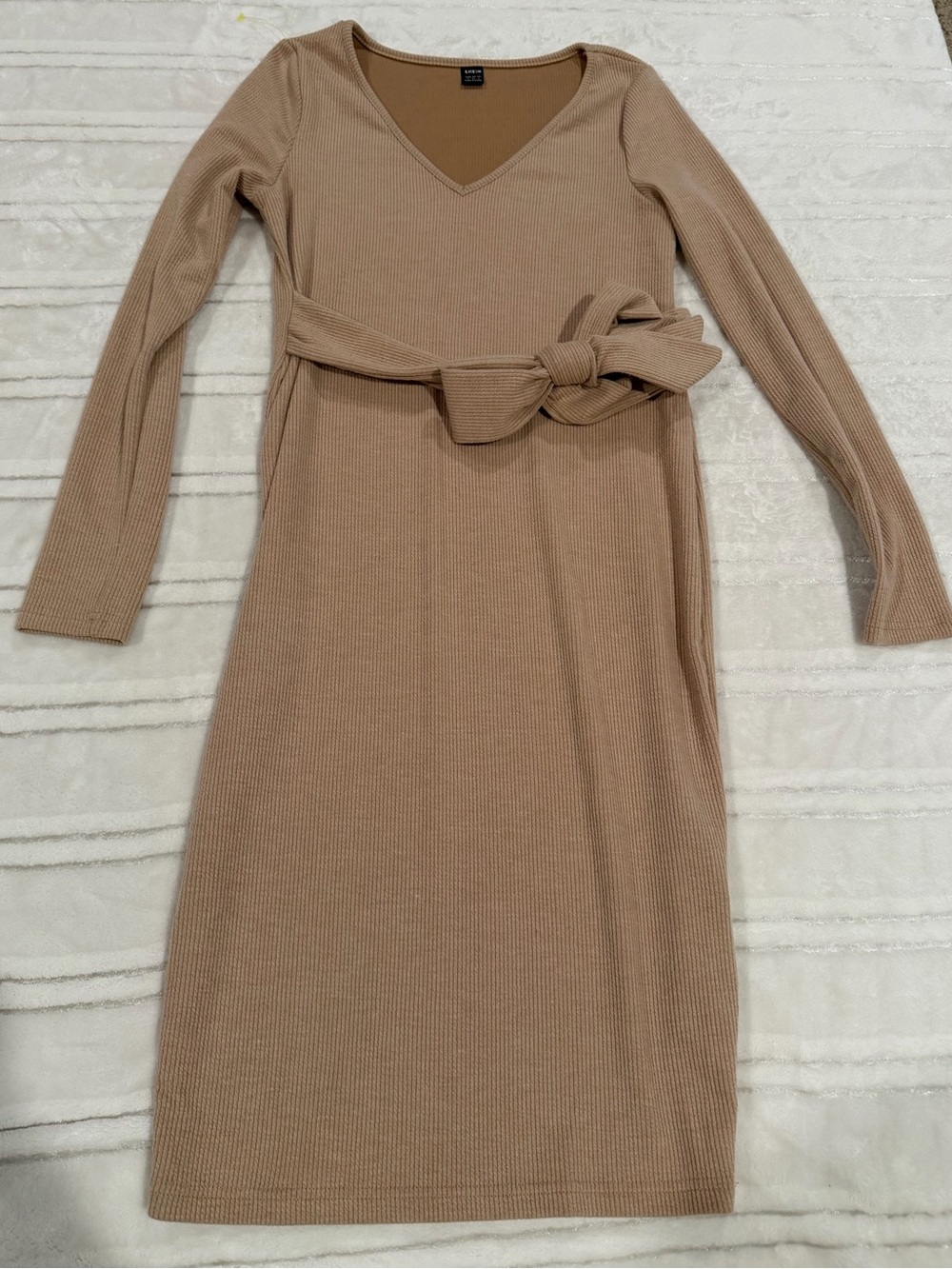 SHEIN Ribbed V‑Neck Midi Dress in Tan with Tie Waist